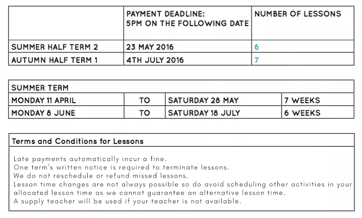 Piano Lesson Summer Timetable